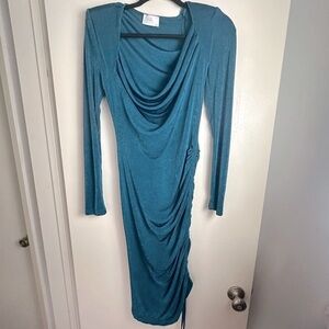 Palm Collection Teal Slinky Shimmer Ruched Sides Long Sleeve Form Fitted Dress M